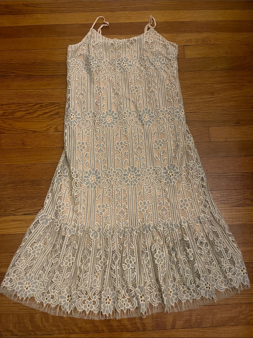 Ivory Lace-Trim Midi Dress with Floral Overlay